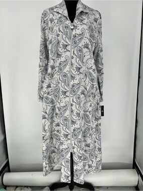 Miss Elaine Blue and White Long Sleeve Zip-Front Paisley Robe